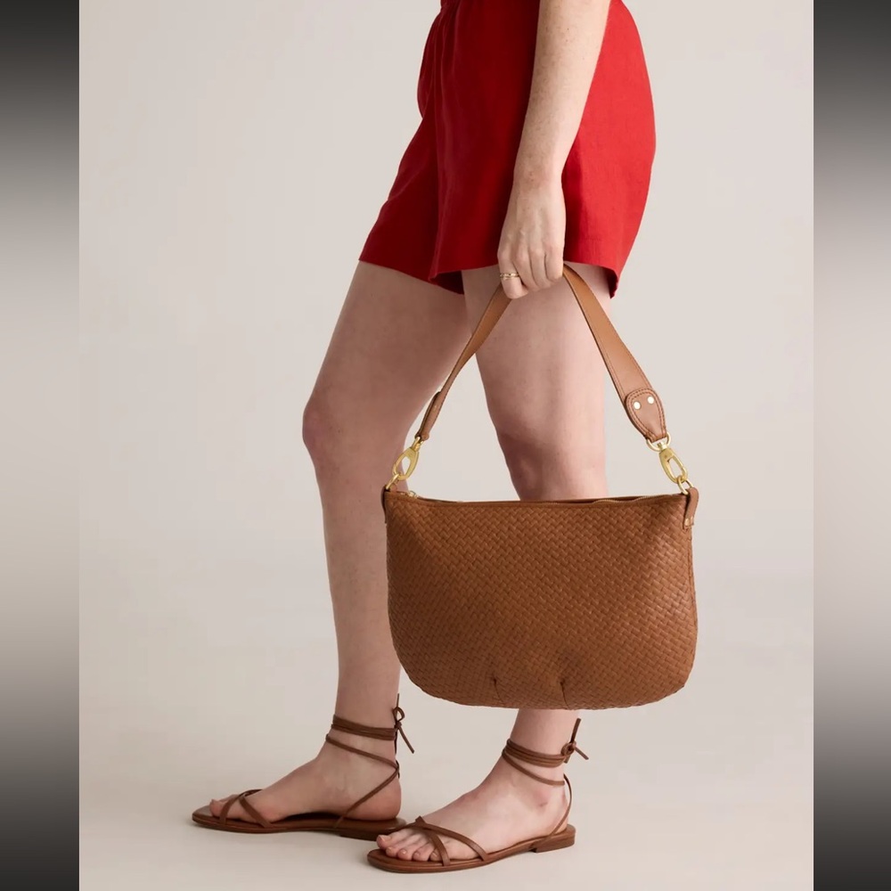 Quince Italian Leather crescent handwoven shoulder bag